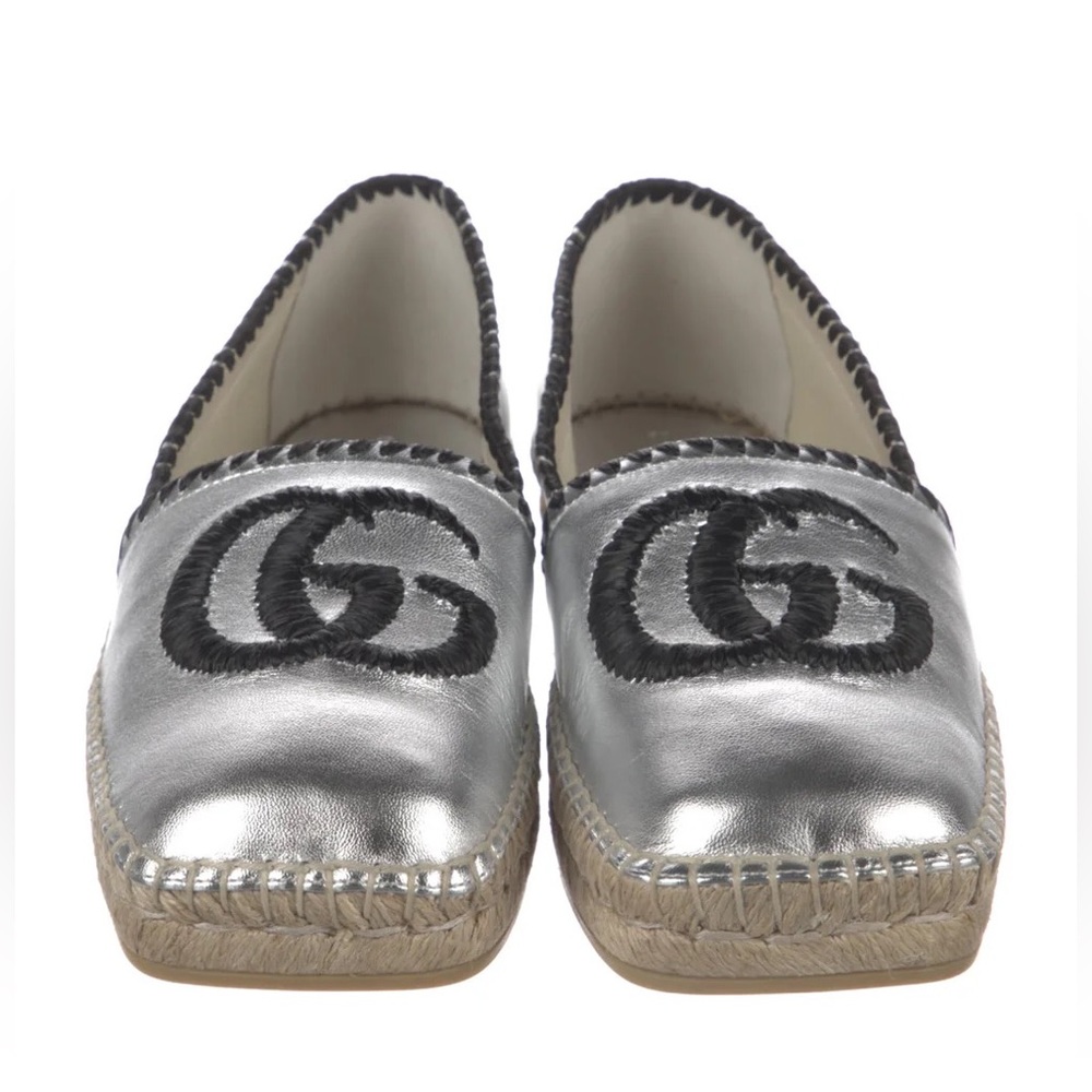 Gucci Authentic Double G Logo Patent Leather Espadrilles Silver Sz 40